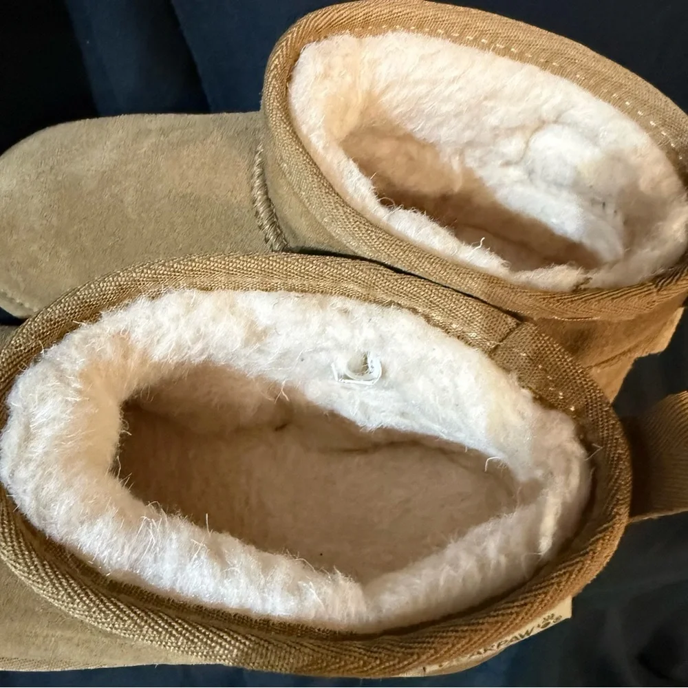 BearPaw Woman’s Tan Suede Fur-Lined Slip-On Ankle Boots